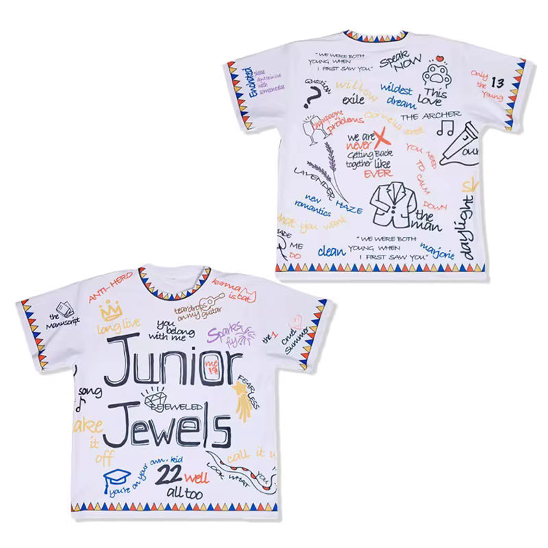 You Belong With Me Inspired Junior Jewels Tee – Vintage Scribble Graphic, Friendship Bracelet Style